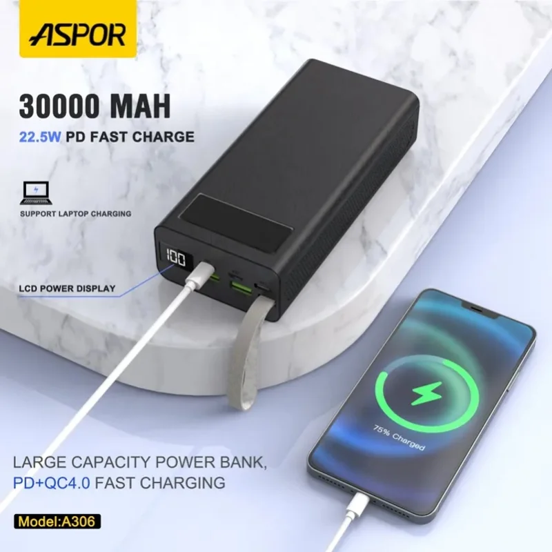 ASPOR A306 – Power Bank 30000mAh Charge Rapide
