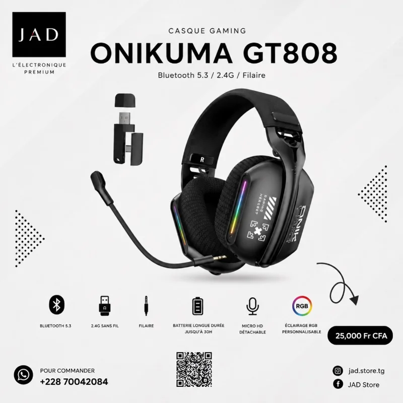 ONIKUMA GT808 – Casque Gaming Sans Fil Tri-Mode